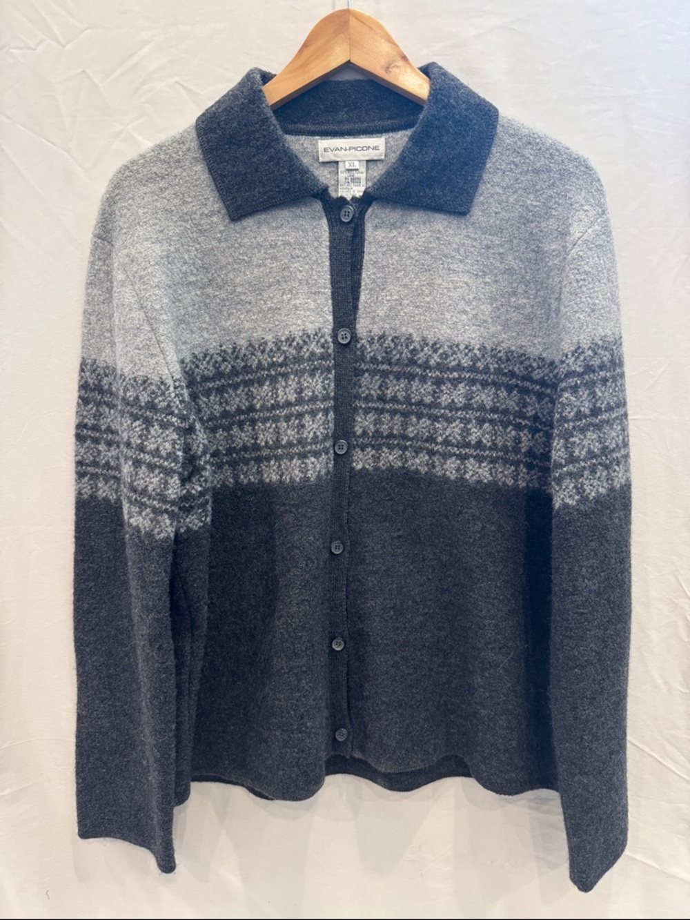 Evan Picone Men’s Gray Button-Up Wool Cardigan with Nordic Stripe, Size XL